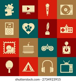 Set Television, Joystick for arcade machine, Gamepad, Microphone, Heart with animals footprint, Music player, Piece of puzzle and Feather and inkwell icon. Vector