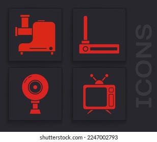 Set Television, Kitchen Fleisch grinder , Router und Wi-Fi Signal und Web-Kamera Symbol. Vektorgrafik