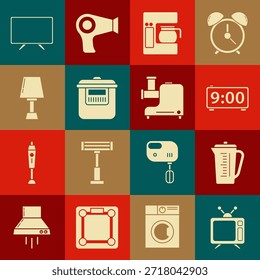 Set de televisión, taza de medición, reloj despertador digital, máquina de café con olla de vidrio, cocina lenta, lámpara de mesa, Smart TV y icono de molinillo de carne de cocina. Vector