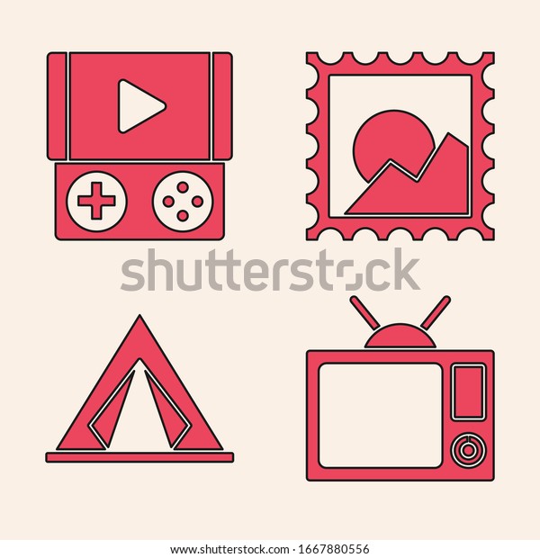 Set Television, Portable video\
game console, Picture landscape and Tourist tent icon.\
Vector