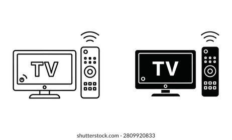 A set of television and remote control icons displayed in both outline and solid black vector graphic styles.