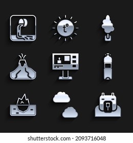 Set Television report, Cloud, Polar bear head, Bottle of water, Iceberg, Volcano eruption with lava, Tree and Wastewater icon. Vector