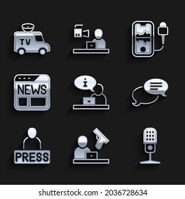 Set Television Report, Crime News, Microphone, Speech Bubble Chat, Journalist, News, Mobile Recording And TV Car Icon. Vector