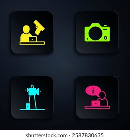 Set Television report, Crime news, Antenna and Photo camera. Black square button. Vector