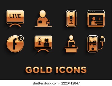 Set Television report, Information, Mobile recording, Breaking news, Create account, Live and Journalist icon. Vector