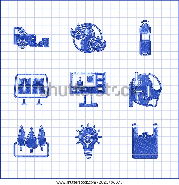 Set Television report, Light bulb\
with leaf, Plastic bag, Global warming, Forest, Solar energy panel,\
Bottle of water and Car exhaust icon.\
Vector
