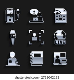 Set Fernsehbericht, Notizbuch, World news, Live, Journalist, Mikrofon, Journalistische Untersuchung und Mobile Aufnahme Symbol. Vektorgrafik