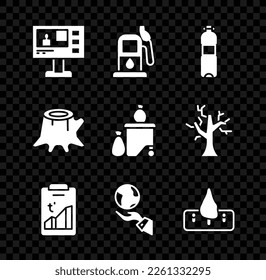 Set Television report, Petrol gas station, Bottle of water, Global warming, Hands holding Earth globe, Deforestation, Tree stump and Full dustbin icon. Vector