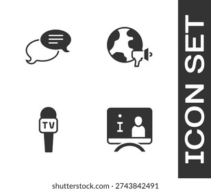 Set Television report, Speech bubble chat, Microphone and World news icon. Vector