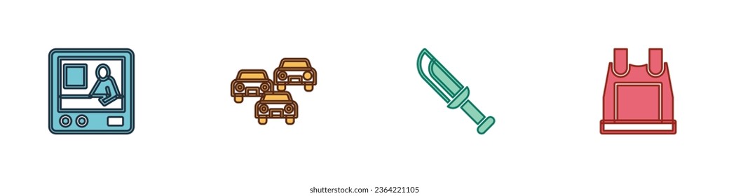 Set Television report, Traffic jam, Military knife and Bulletproof vest icon. Vector