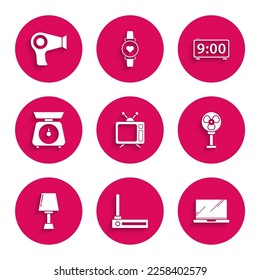 Set Television, Router and wi-fi signal, Laptop, Electric fan, Table lamp, Scales, Digital alarm clock and Hair dryer icon. Vector