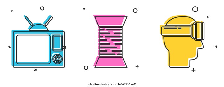 Set Television, Sewing thread on spool and Virtual reality glasses icon. Vector