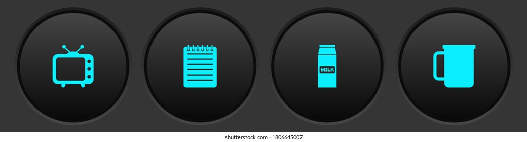 Set Television tv, Notebook, Paper package for milk and Coffee cup icon. Vector.
