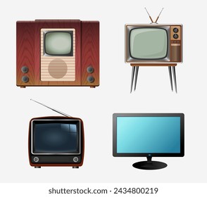 Set of televisions from different times on a white background. Vector realistic illustration