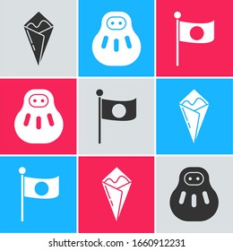 Set Temaki roll, Maneki neko cat and National flag of Japan on pole icon. Vector