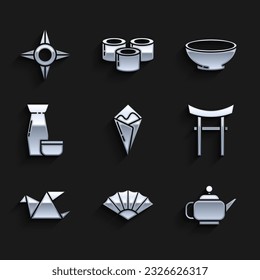 Set Temaki roll, Paper chinese or japanese folding fan, Japanese tea ceremony, Gate, Origami bird, Traditional, Bowl of hot soup and ninja shuriken icon. Vector