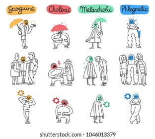 Set of temperament types with attitudes of persons to life situations isolated hand drawn vector illustration