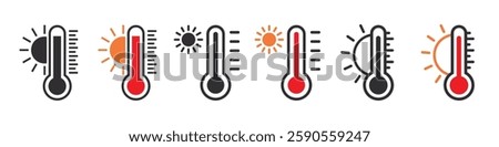 Set of temperature high icons. Symbol sunny weather for weather forecast. Device for measuring temperature, thermometer. High temperature warning signs. Vector. EPS10.