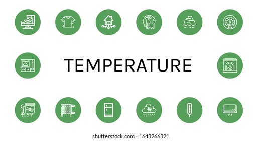 Set of temperature icons. Such as Infrared, Laundry, Smart house, Climate change, Warming, Dashboard, Heater, Fridge, Rain, Thermometer, Air conditioner, Fireplace , temperature icons