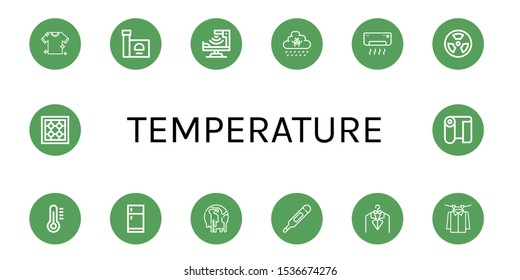 Set of temperature icons. Such as Laundry, Stove, Infrared, Rain, Air conditioner, Radiation, Thermometer, Fridge, Climate change, Fabric , temperature icons