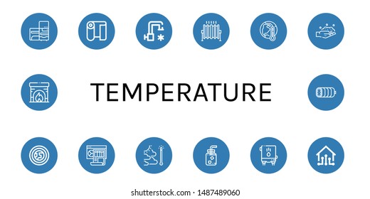 Set of temperature icons such as Refrigerator, Fabric, Cold water, Heat, Global warming, Washing, Atmosphere, Dashboard, Water heater, Smart house, Fireplace, Boiled , temperature