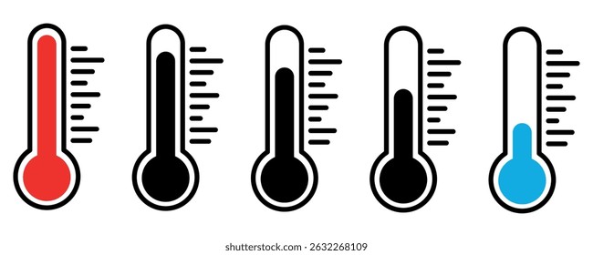 Conjunto de ícones de temperatura. Termômetro vetorial mostrando a temperatura. Símbolos do termômetro, escala de temperatura, ícones meteorológicos. A temperatura do frio ao quente