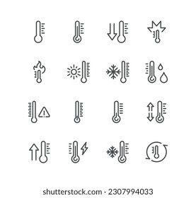 Set of temperature related icons, thermometer, pyrometer, thermostat, snowflake, overheat, temperature check, measurement and linear variety vectors.