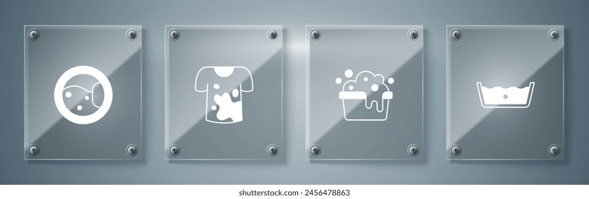 Set Lavado a temperatura, Lavabo con jabón, Camiseta sucia y lavadora. Paneles de vidrio cuadrado. Vector