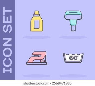 Set Temperature wash, Bottle for cleaning agent, Electric iron and Garment steamer icon. Vector