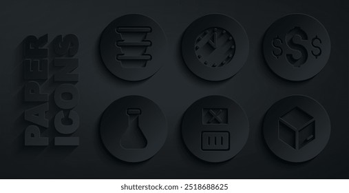 Set Temperature wash, Dollar symbol, Test tube and flask, Carton cardboard box, Clock and Bowl icon. Vector