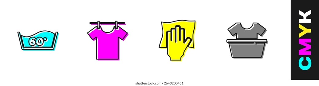 Set Temperaturwäsche, Trocknen Kleidung, Reinigungsservice und Waschbecken mit Hemdsymbol. Vektorgrafik