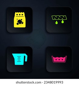 Set Temperature wash, Laundry detergent, Measuring cup and Squeeze clothes. Black square button. Vector