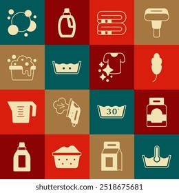 Set Temperature wash, Laundry detergent, Feather, Towel stack, Basin with soap suds, Soap water bubbles and Drying clothes icon. Vector