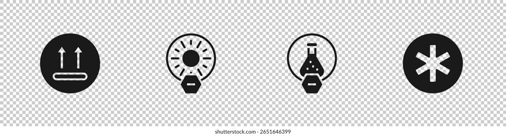 Ajuste a lavagem de temperatura, Sem luz solar direta, Tubo de teste e frasco e símbolo médico do ícone de emergência. Vetor