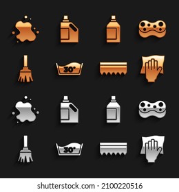 Set Temperature wash, Sponge, Cleaning service, Feather broom, Bottle for cleaning agent, Water spill and  icon. Vector
