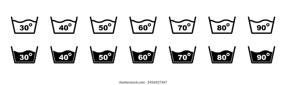 Set of temperature wash vector icons. Instruction to washing. Washing symbols set.