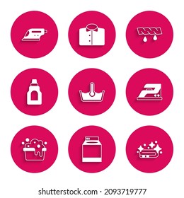 Set Temperature wash, Washer, Towel stack, Electric iron, Basin with soap suds, Bottle for cleaning agent, Squeeze clothes and  icon. Vector