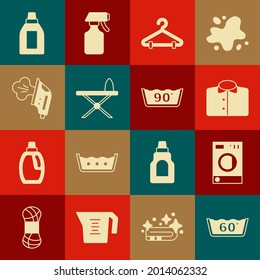 Set Temperature wash, Washer, T-shirt, Hanger wardrobe, Iron and ironing board, Electric, Bottle for cleaning agent and  icon. Vector