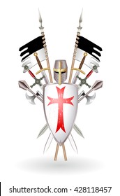 Set Templar equipment: shield, sword, ax, mace, banner and helmet, executed in the form of the emblem.