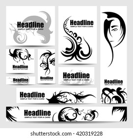 Set of template with abstract patterns. Black and white style. Art sketch brochure flat design. Drawn elements: person, man, spikes, eye, branches and leaves. Headline template.