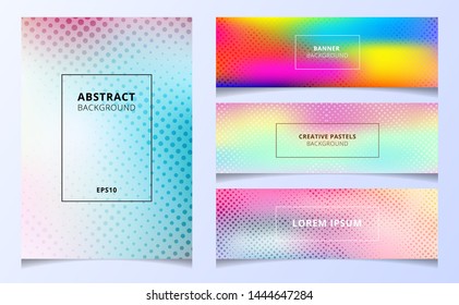 Set of template abstract smooth blurred pastel color, vibrant, holographic gradient background with halftone texture. You can use for cover brochure, poster, leaflet, flyer, presentation, banner web