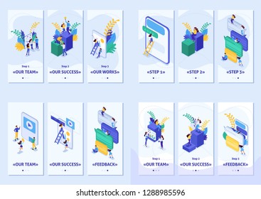 Set Template app, smartphone apps. Isometric concept success in business, feedback, teamwork, project, social network, community