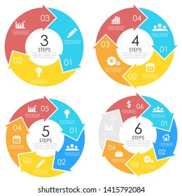 Set Template With Arrow For Circle Diagram, Options, Web Design, Graph And Round Infographic. Business Concept With 3, 4, 5, 6 Elements, Step, Option. Vector Illustration.