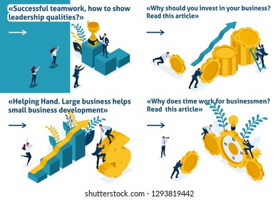 Set artículo de Plantilla, concepto isométrico de trabajo en equipo exitoso, inversión en startups, negocios, ha llegado el momento de la acción.