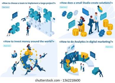 Set Template article Isometric concept digital marketing, investing, create solutions, creating projects