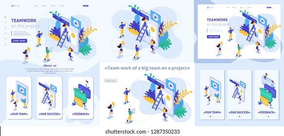 Set Template article, Landing page, app design, Isometric concept workflow and teamwork of a big team on a project. Adaptive 3D.