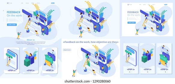 Set Template article, Landing page, app design, Isometric concept Internet users write feedback about services.