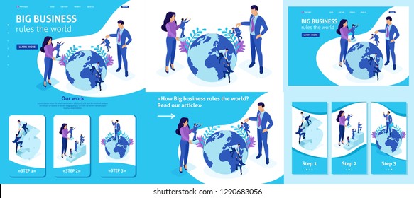 Set Template article, Landing page, app design, Isometric concept Big boss chooses small people and places them around the world