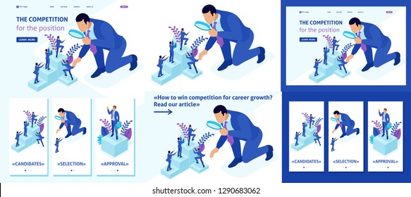 Set Template article, Landing page, app design, Isometric competitive struggle for career growth, businessman looks at candidates through a magnifying glass