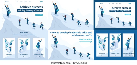 Set Template article, Landing page, app design, Isometric Big businessman at the top symbolizes leadership and success, people follow him